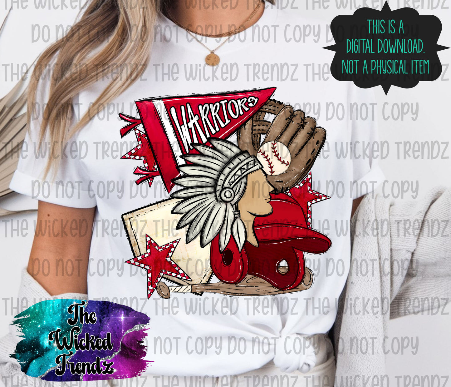 Warriors Red Baseball Team Mascot Digital Design
