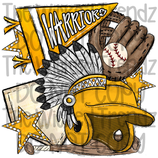 Warriors Yellow Baseball Team Mascot Digital Design
