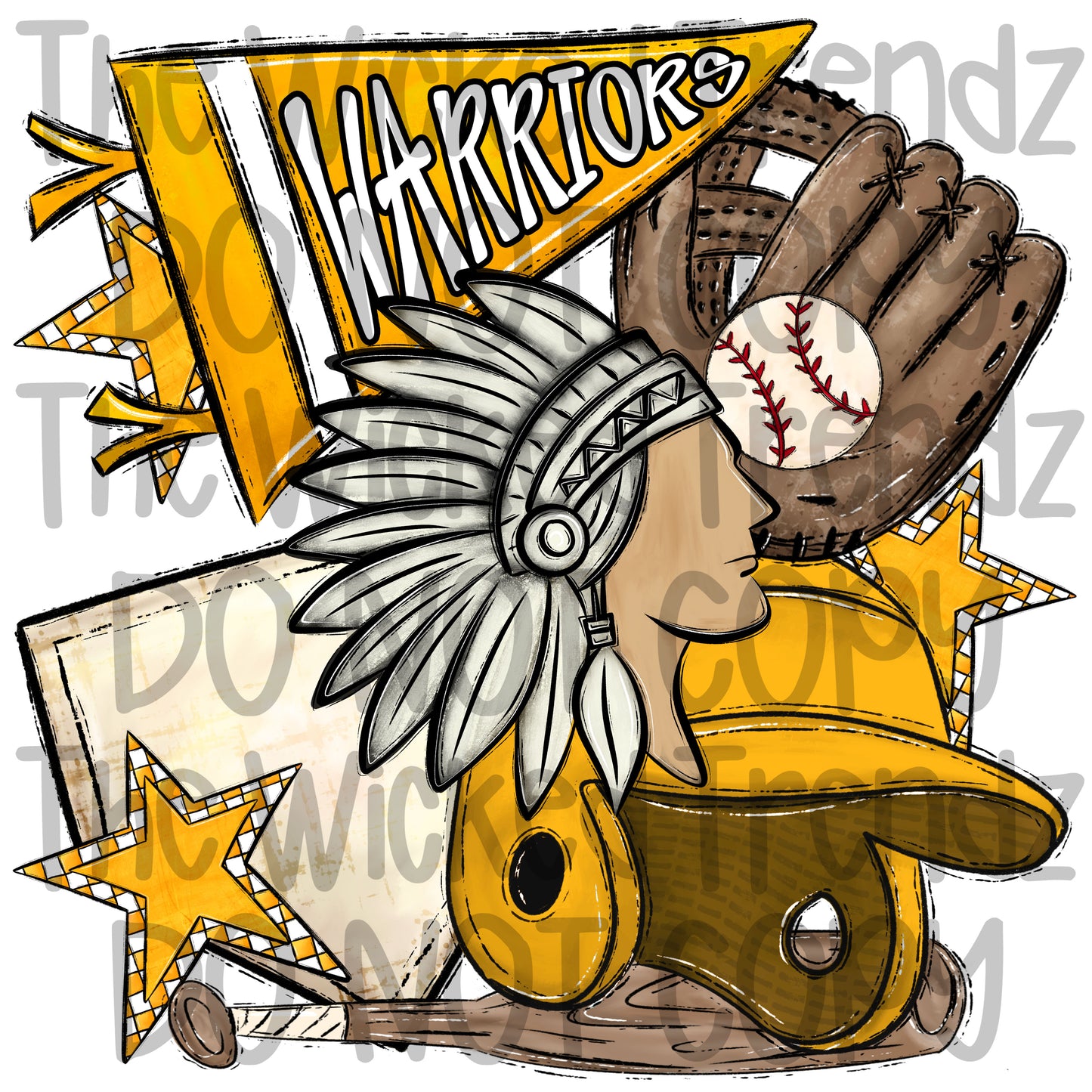 Warriors Yellow Baseball Team Mascot Digital Design