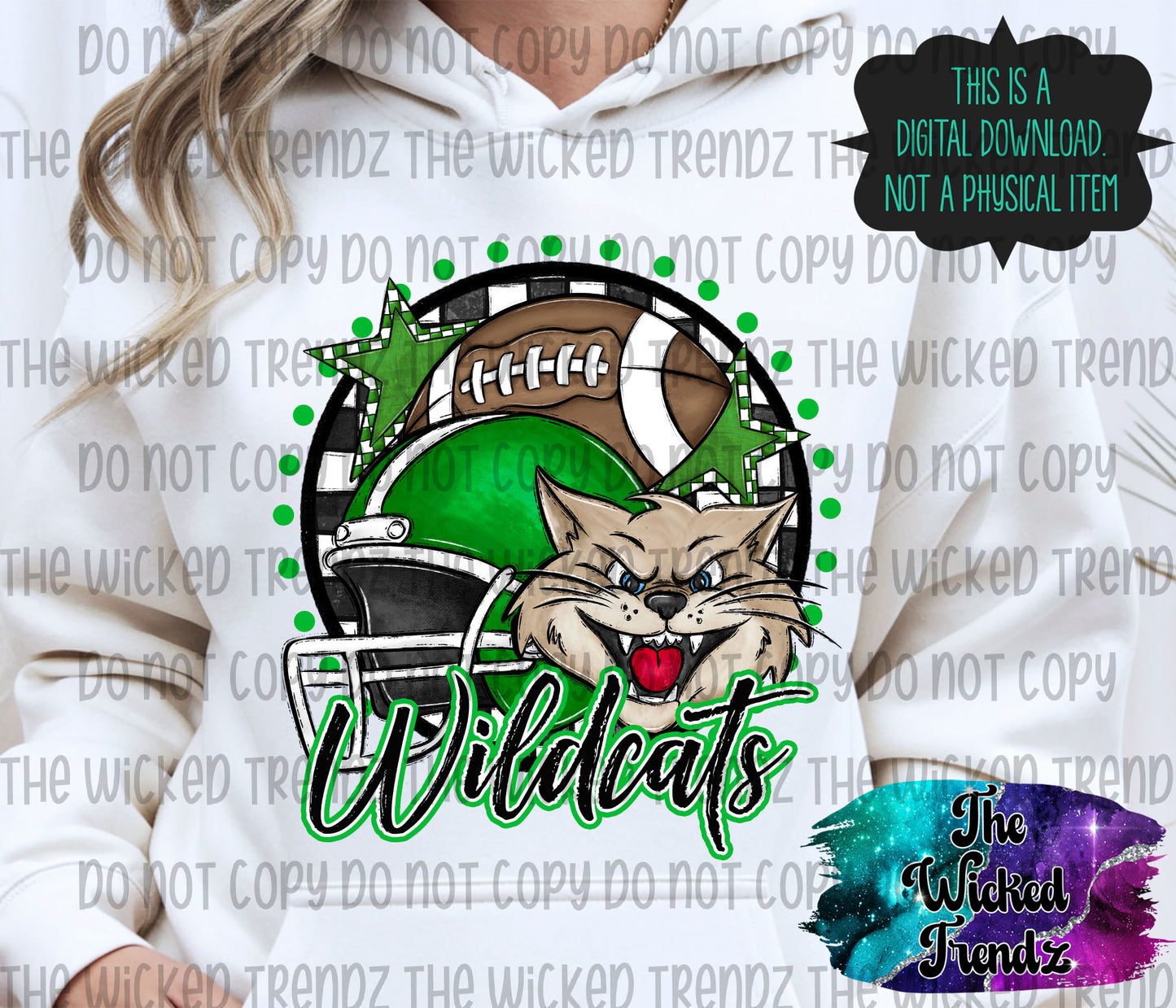 Wildcats Green Football Mascot Digital Design