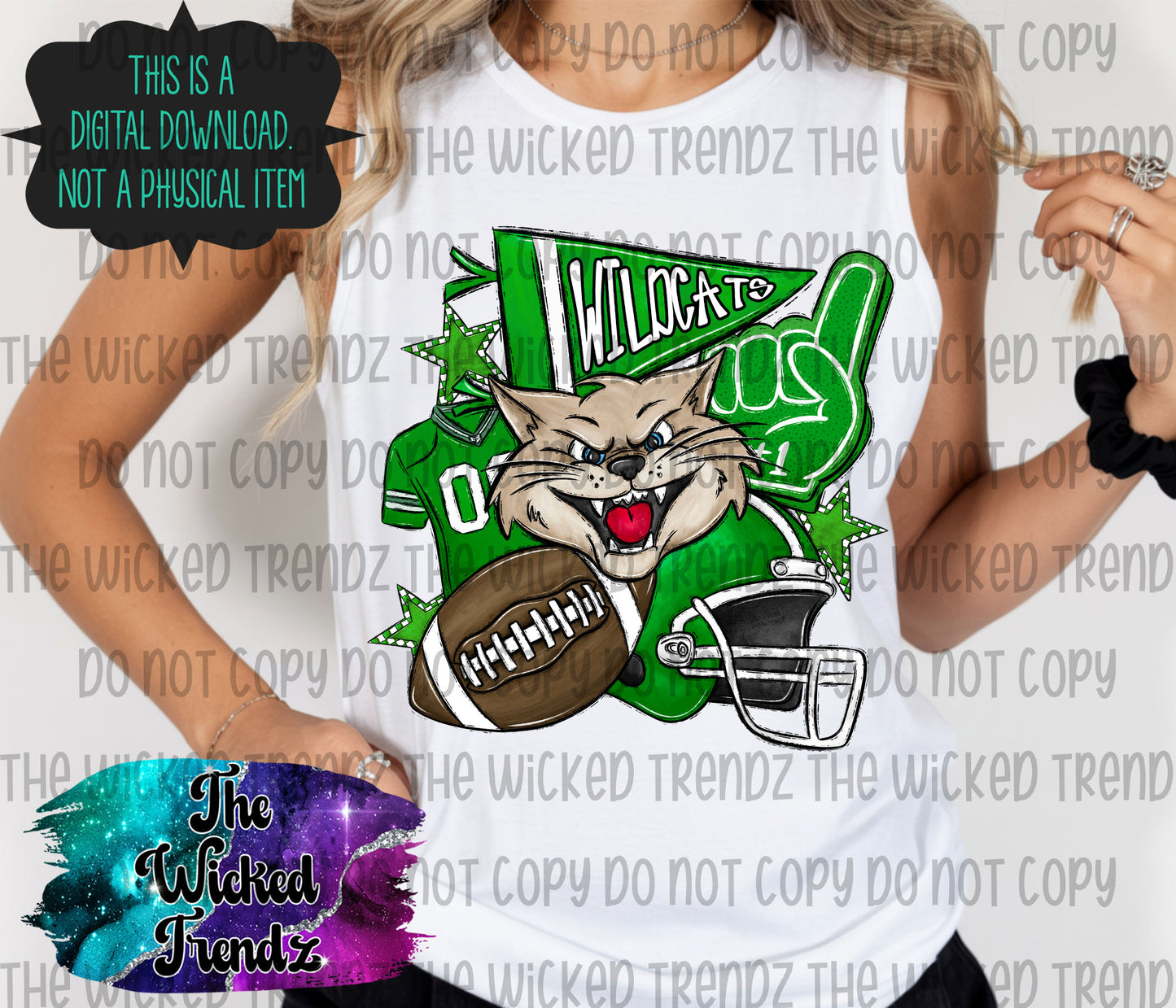 Wildcats Green Football Mascot Digital Design