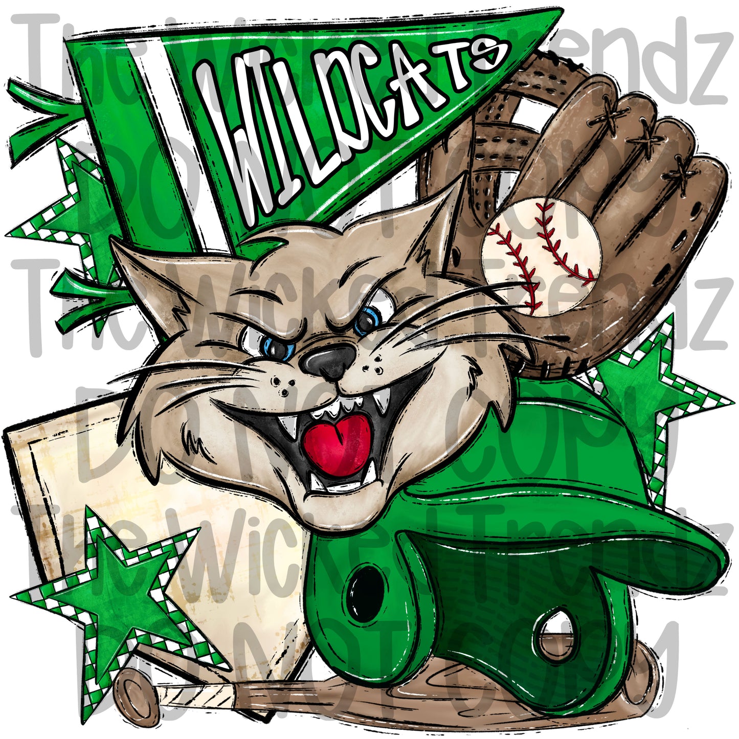 Wildcats Green Baseball Team Mascot Digital Design