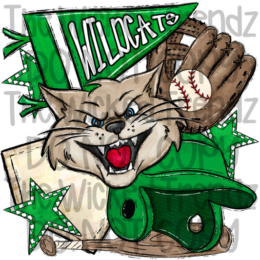 Wildcats Green Baseball Team Mascot Digital Design