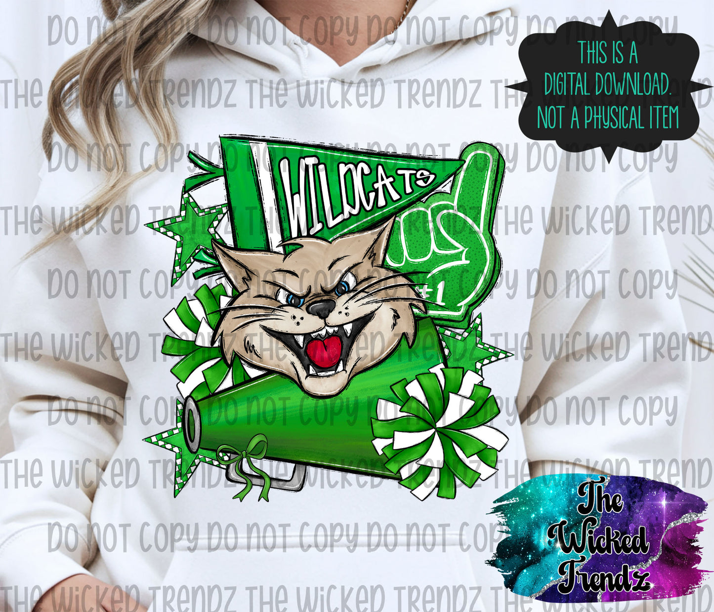 Wildcats Green Cheer Cheerleading Cheerleader Mascot Digital Design Spirit Shirt Design