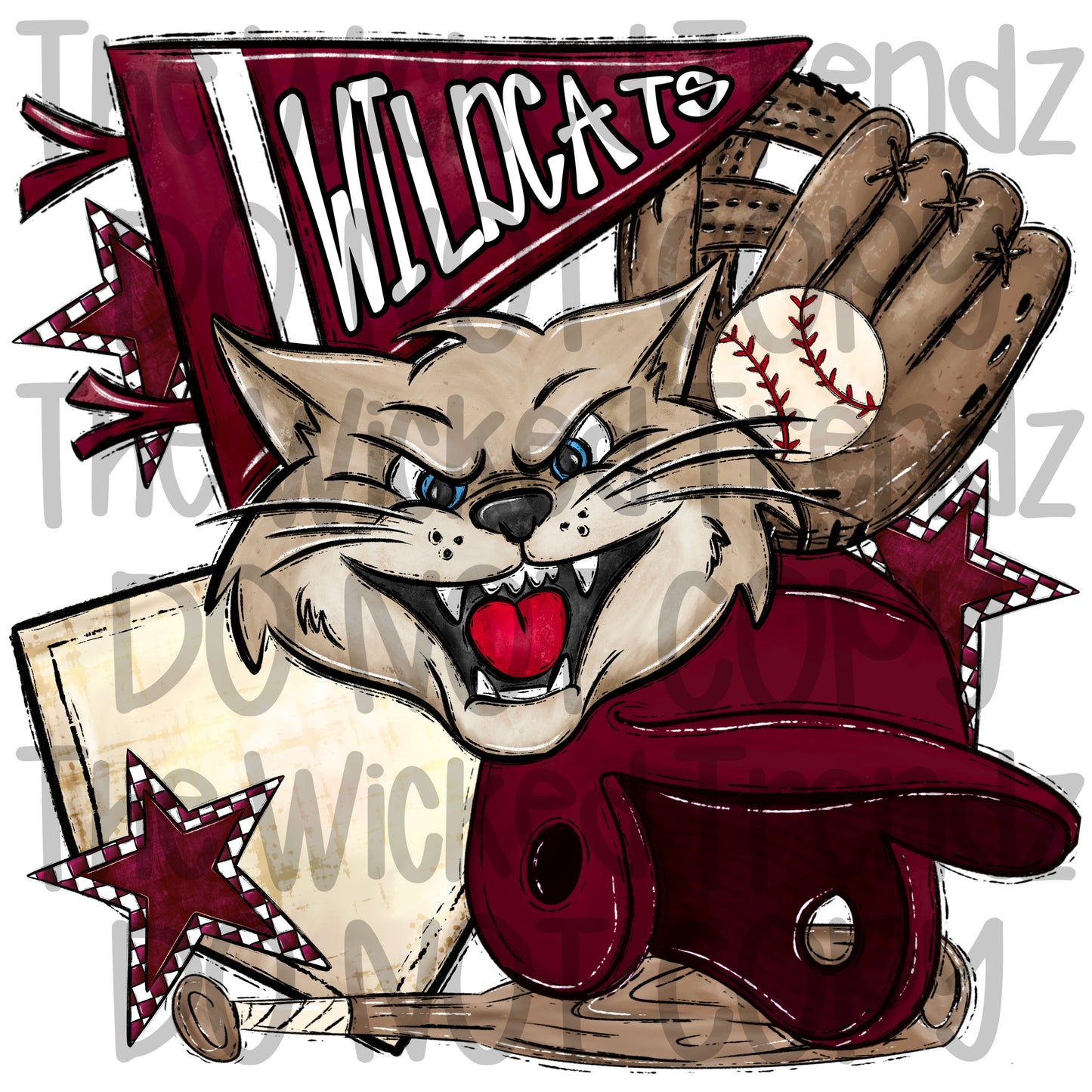 Wildcats Maroon Baseball Team Mascot Digital Design