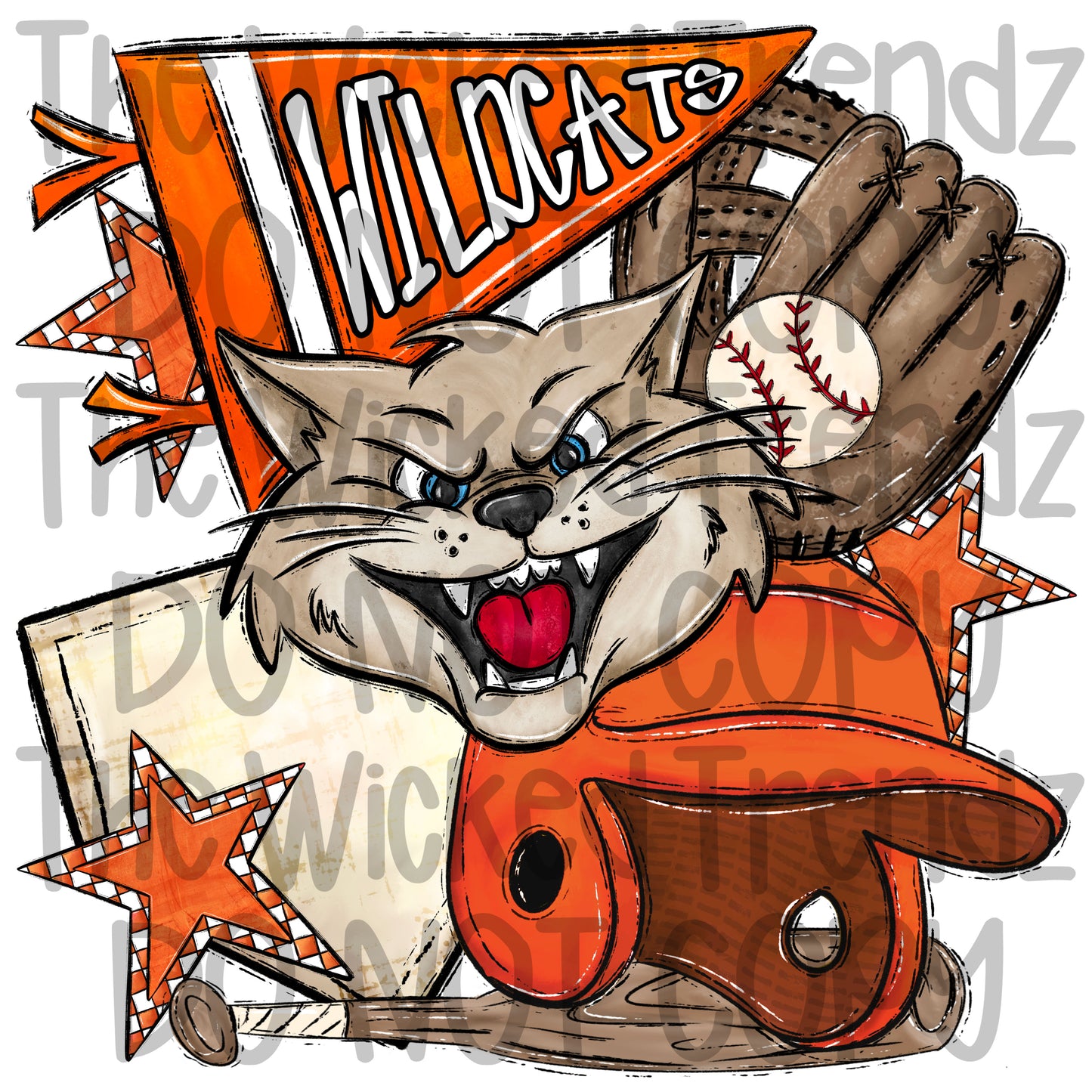 Wildcats Orange Baseball Team Mascot Digital Design