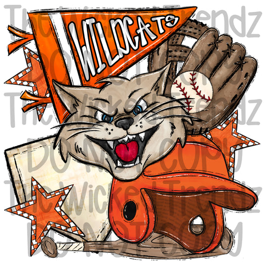 Wildcats Orange Baseball Team Mascot Digital Design