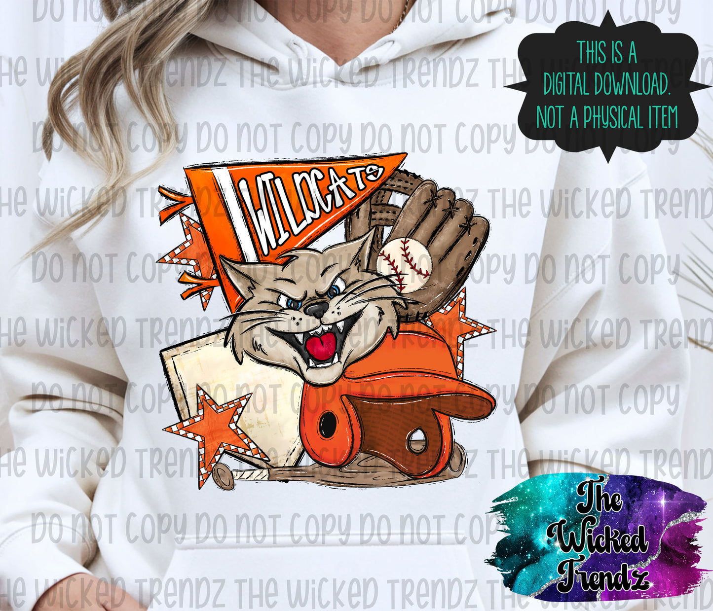 Wildcats Orange Baseball Team Mascot Digital Design