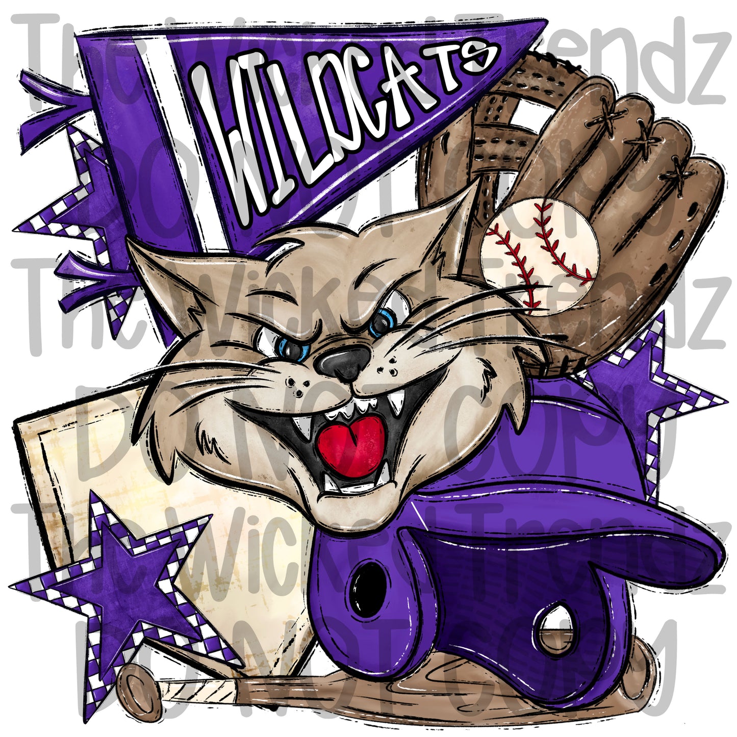 Wildcats Purple Baseball Team Mascot Digital Design