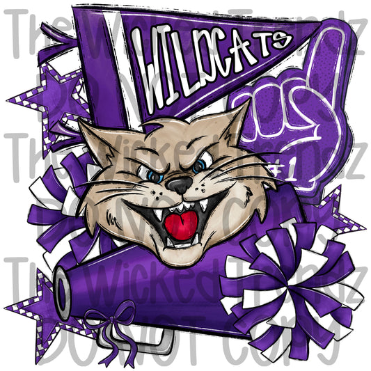 Wildcats Purple Cheer Cheerleading Cheerleader Mascot Digital Design Spirit Shirt Design