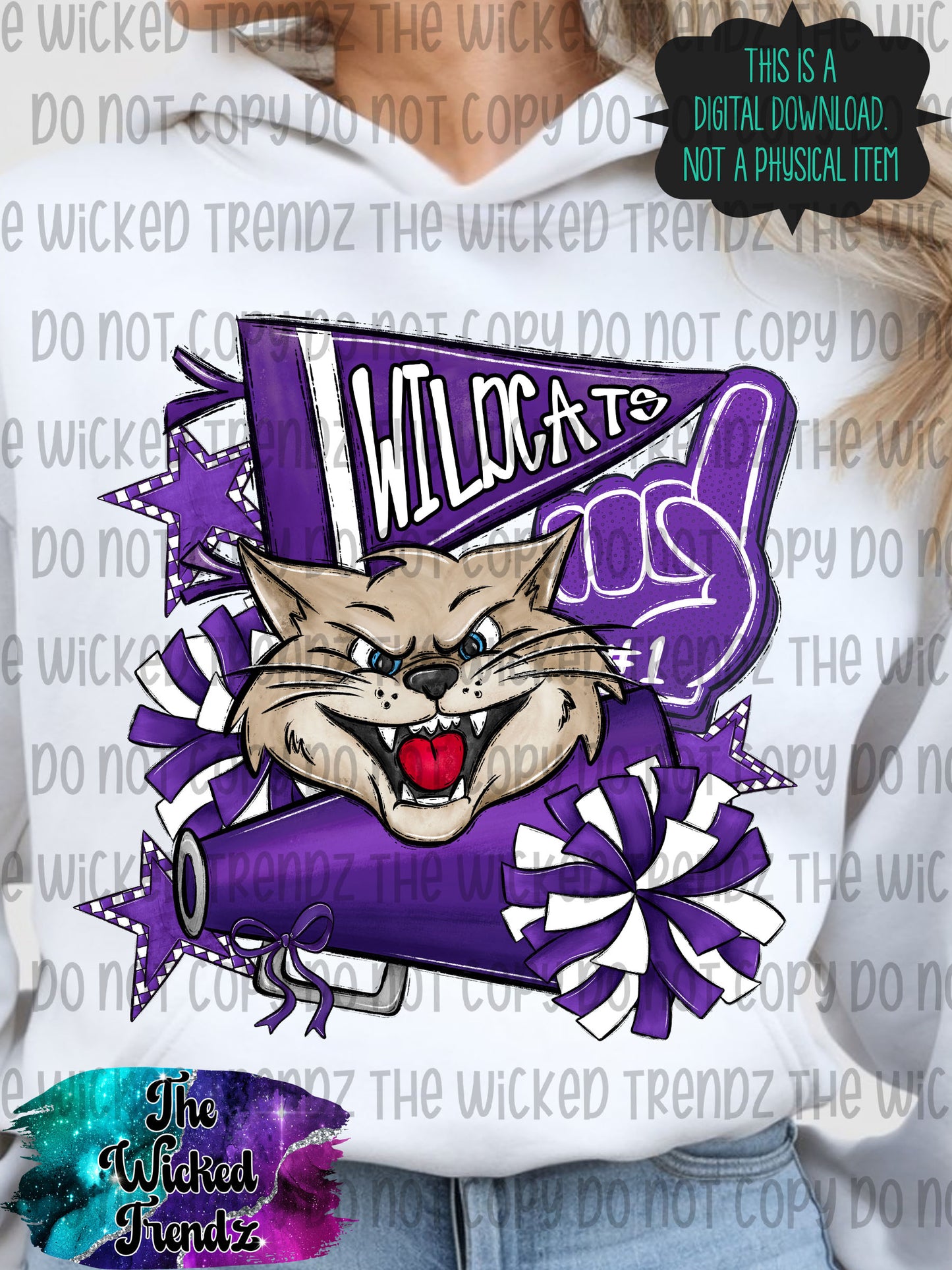 Wildcats Purple Cheer Cheerleading Cheerleader Mascot Digital Design Spirit Shirt Design