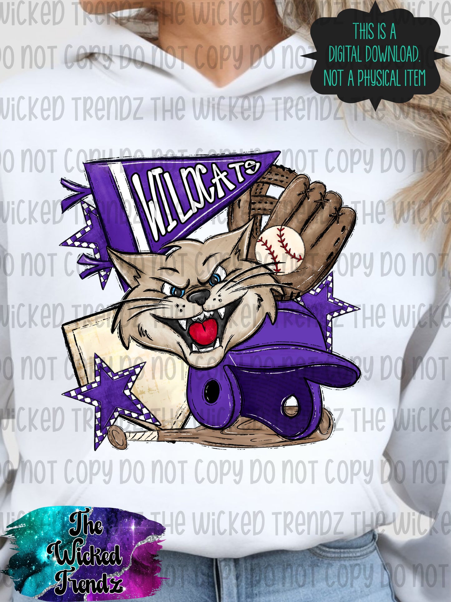 Wildcats Purple Baseball Team Mascot Digital Design
