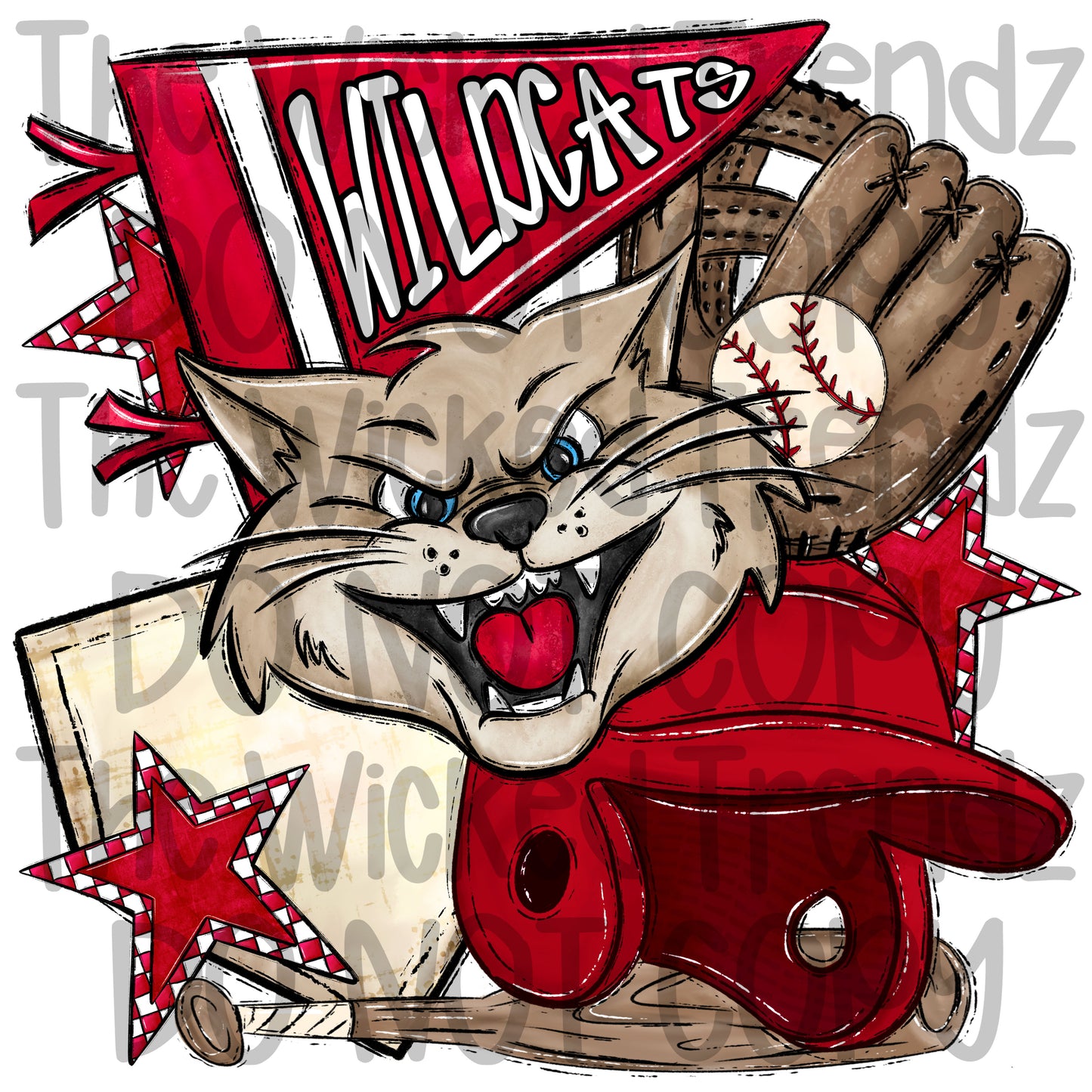 Wildcats Red Baseball Team Mascot Digital Design