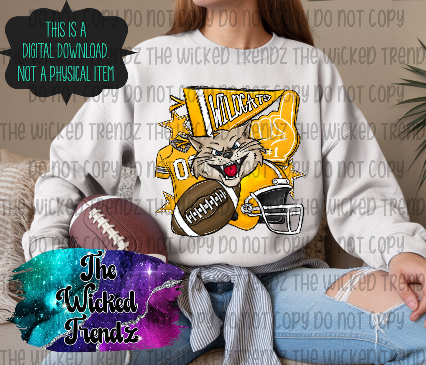 Wildcats Yellow Football Mascot Digital Design