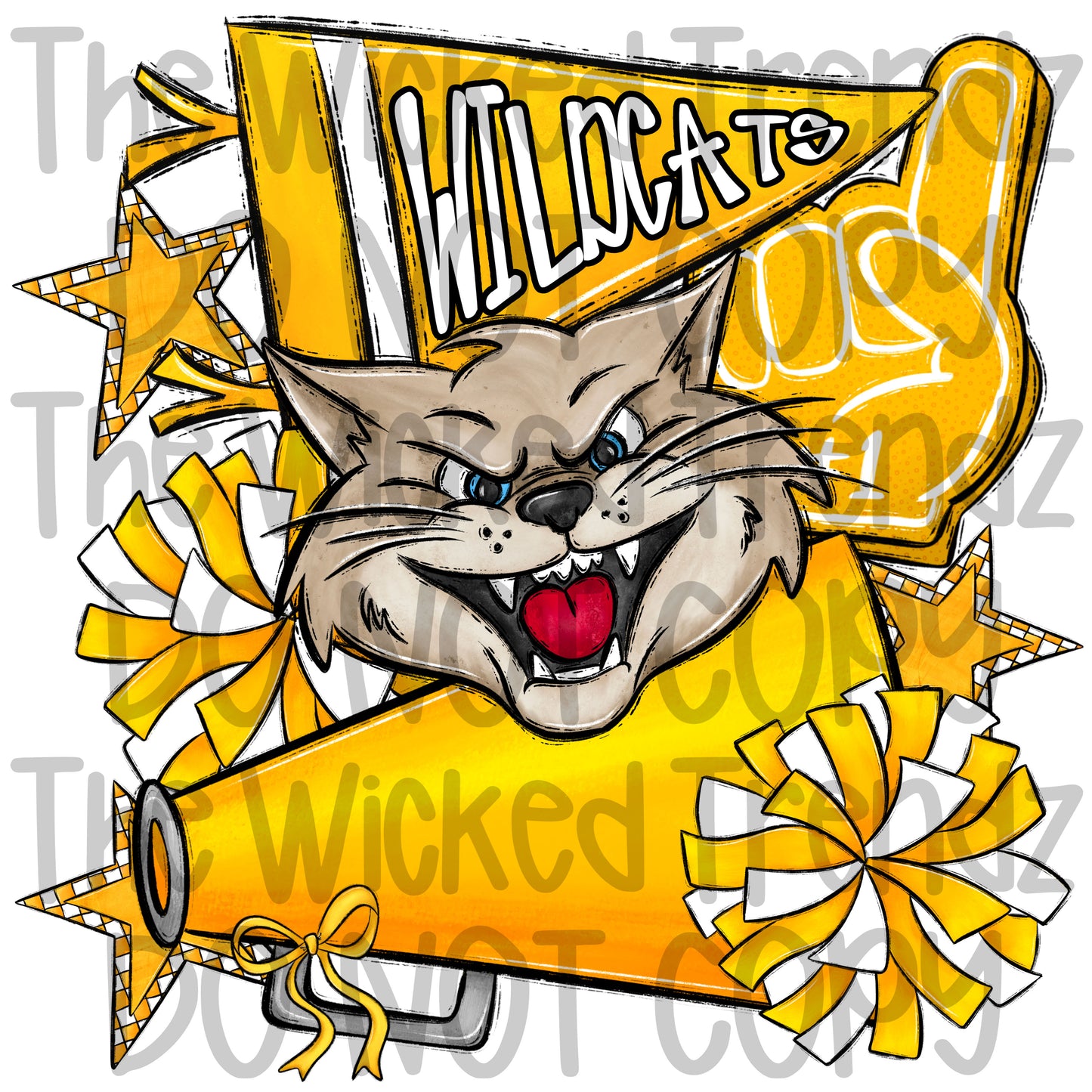 Wildcats Yellow Cheer Cheerleading Cheerleader Mascot Digital Design Spirit Shirt Design