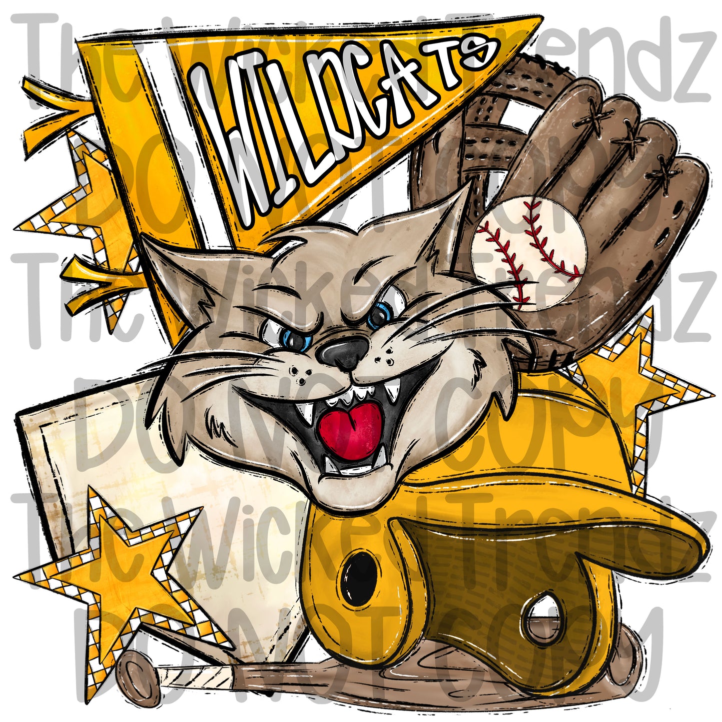 Wildcats Yellow Baseball Team Mascot Digital Design