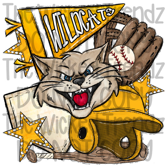 Wildcats Yellow Baseball Team Mascot Digital Design