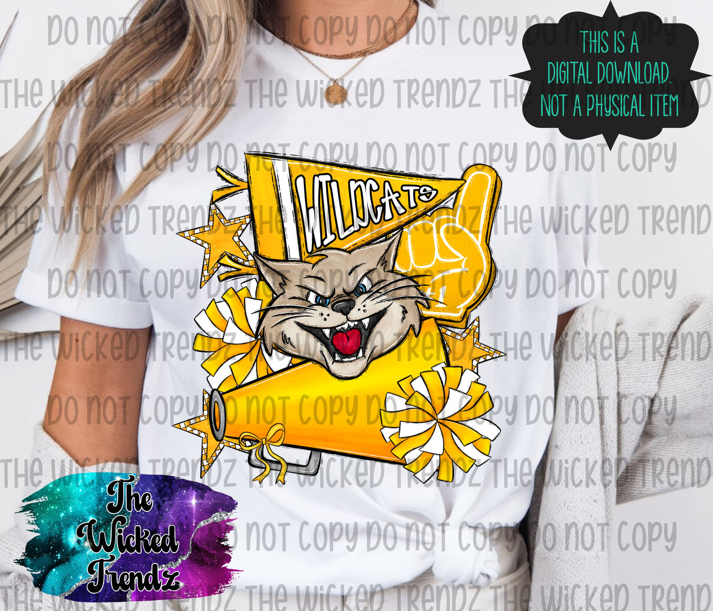 Wildcats Yellow Cheer Cheerleading Cheerleader Mascot Digital Design Spirit Shirt Design