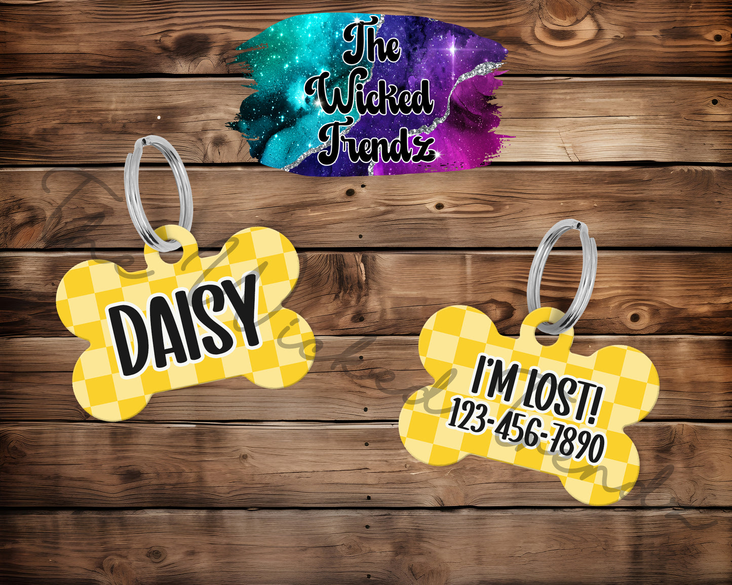 Checkered Print Pattern Retro Puppy Pet ID Dog Tag Personalized Custom Dog Name Phone Number