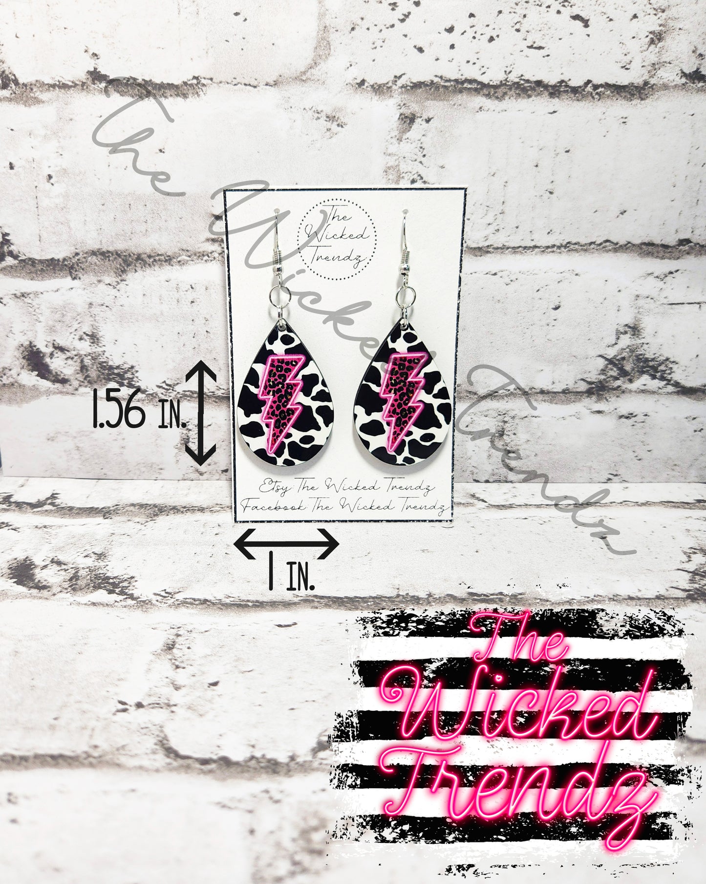 Cow Print Pink Leopard Neon Lighting Bolt Country Music Western Dangle Earrings Tear Drop Earring Lightweight Earring